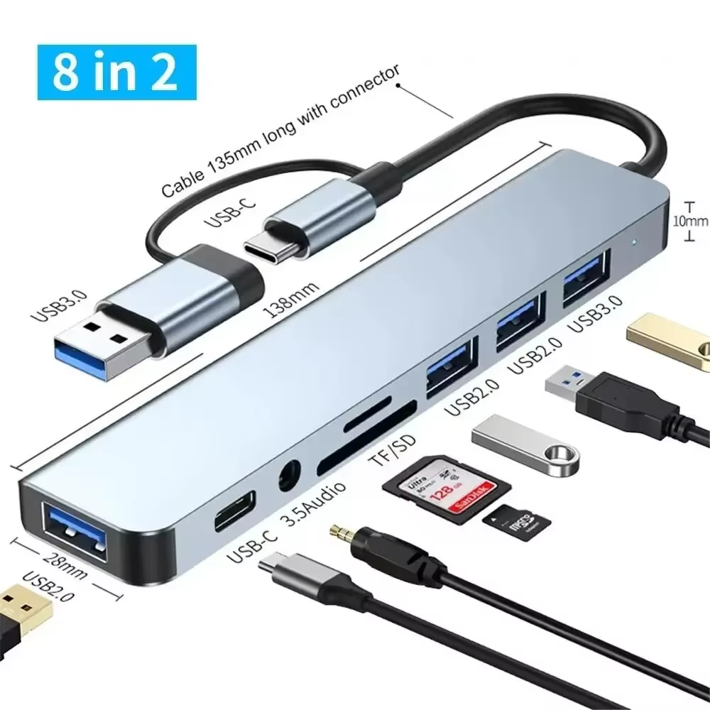 HUB USB 8 en 2 avec lecteur de carte répartiteur