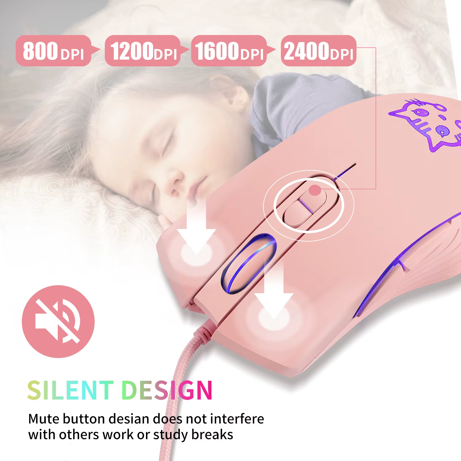 Souris de jeu filaire USB rose ordinateur professionnel e-sports Mause 2400 DPI