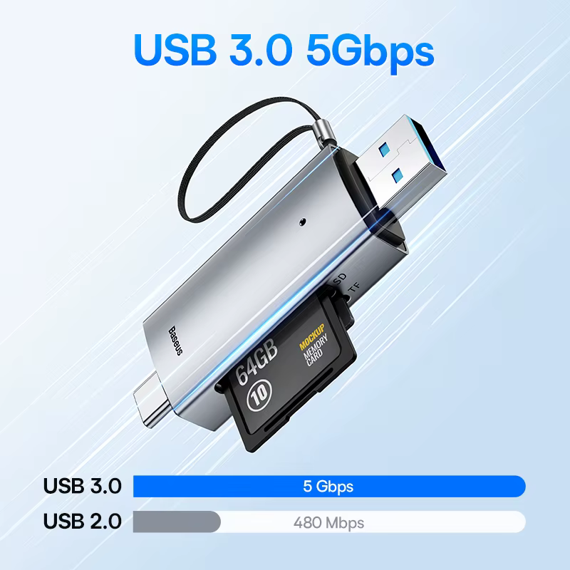 Lecteur de carte Baseus USB C & USB3.0 vers SD Micro SD TF dispositif