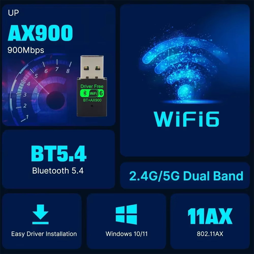 6 AX900 Bluetooth 5.4 WiFi USB adaptateur carte réseau sans fil 2.4G et 5GHz