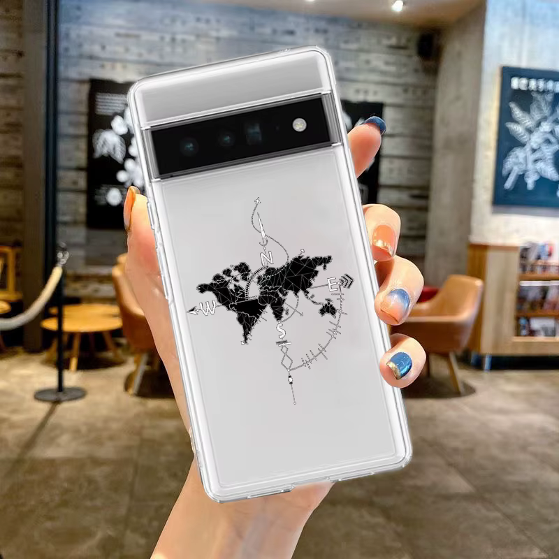 Coque de téléphone en TPU transparent, carte du monde de dessin animé, direction de paysage, pour Google Pixel 9 Pro XL 8 7 6 Pro 8A 7A 6A 5 4 5A 4A 3A XL 5G