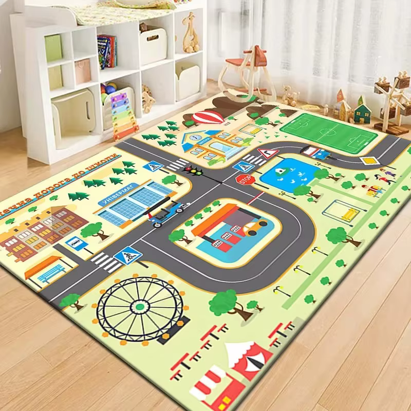 Tapis de jeu pour enfants, carte de ville vibrante, avec routes, bâtiments, tapis d'activité éducatif pour tout-petits, tapis de sol de circulation coloré pour salle de jeux