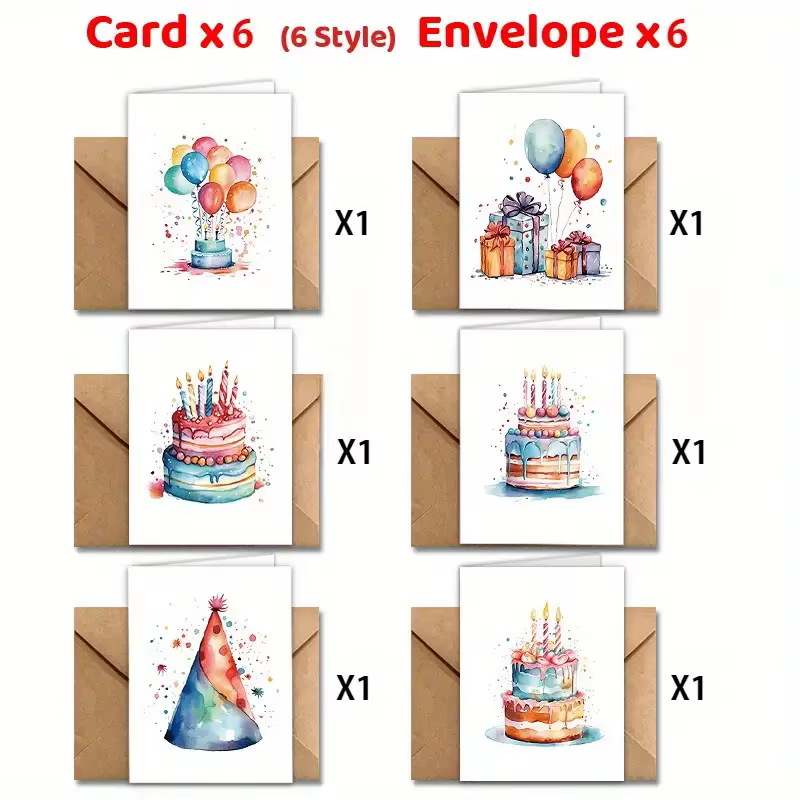 Carte de vœux d'anniversaire à l'aquarelle avec gâteau, écriture manuscrite, vœux d'anniversaire, cartes vierges, cartes de remerciement, lettres d'invitation, cadeaux de fêtes