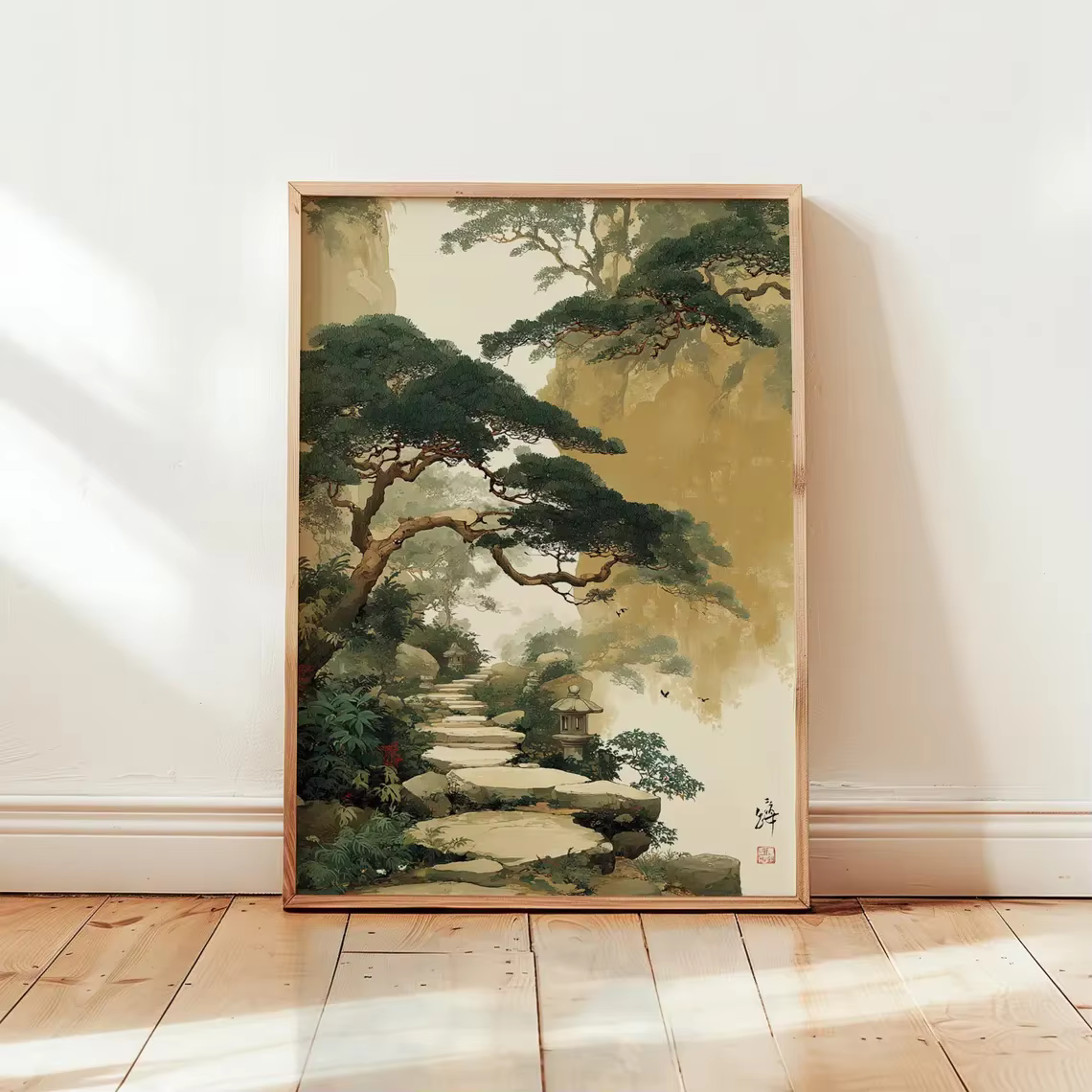 Affiche de chemin de jardin japonais, art mural vert beige, illustration de paysage forestier, impression de paysage naturel asiatique serein, décoration intérieure, style japonais