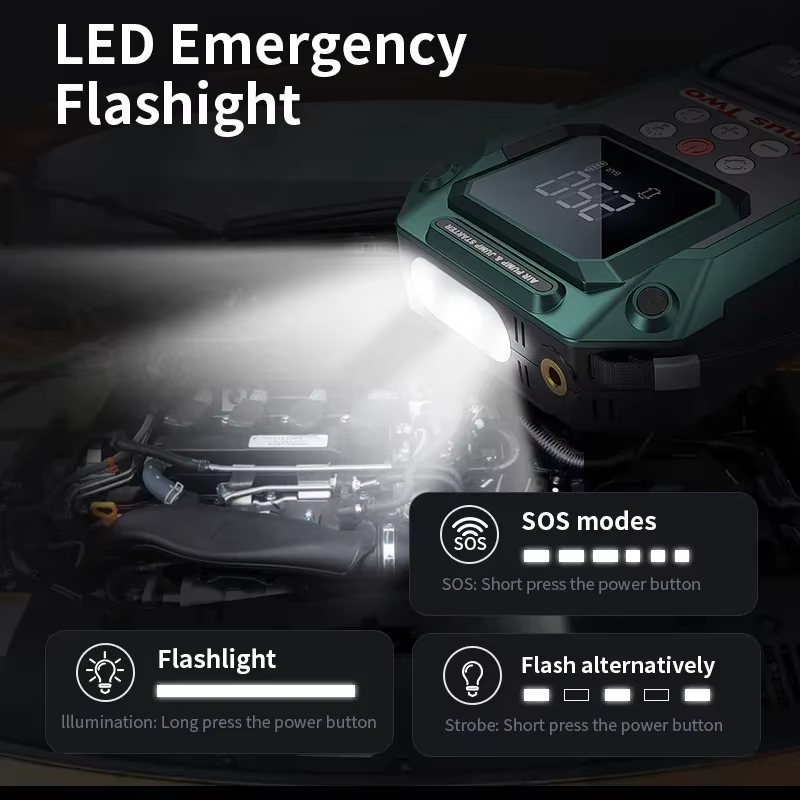 Station d'alimentation portable 2000A : Démarreur de voiture avec pompe à air 180 PSI, double chargeur USB et kit de secours.