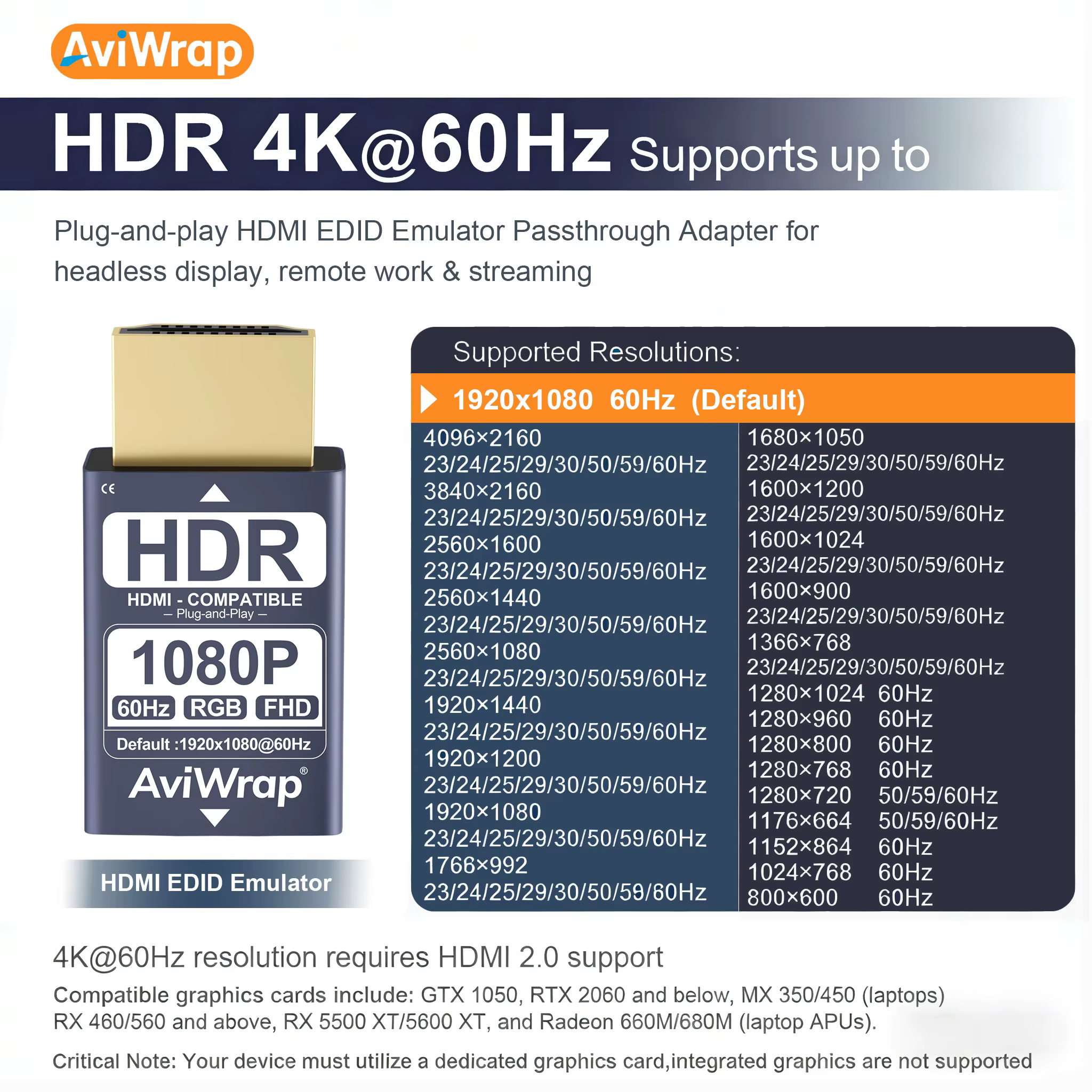 Émulateur HDMI EDID avec fonction de passage de signal, Affichage virtuel 1080p@60Hz, Gestionnaire EDID fiable pour prolongateur HDMI, KVM, récepteur et répartiteur AV