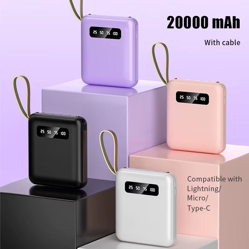 Batterie externe Portable 20000mA avec câble, grande capacité, sortie Micro/Lightning/type-c, alimentation de batterie externe pour téléphone Portable