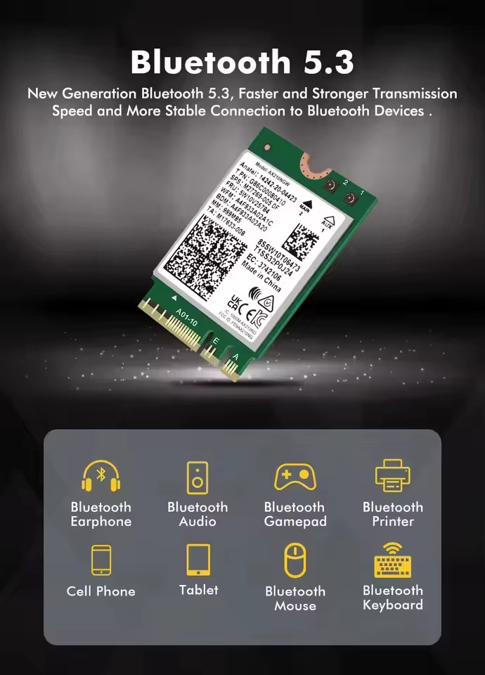 Carte sans fil WiFi 6E AX210 5374Mbps BT5.3 Tri-bande 2.4GHz/5GHz/6GHz 802.11ax
