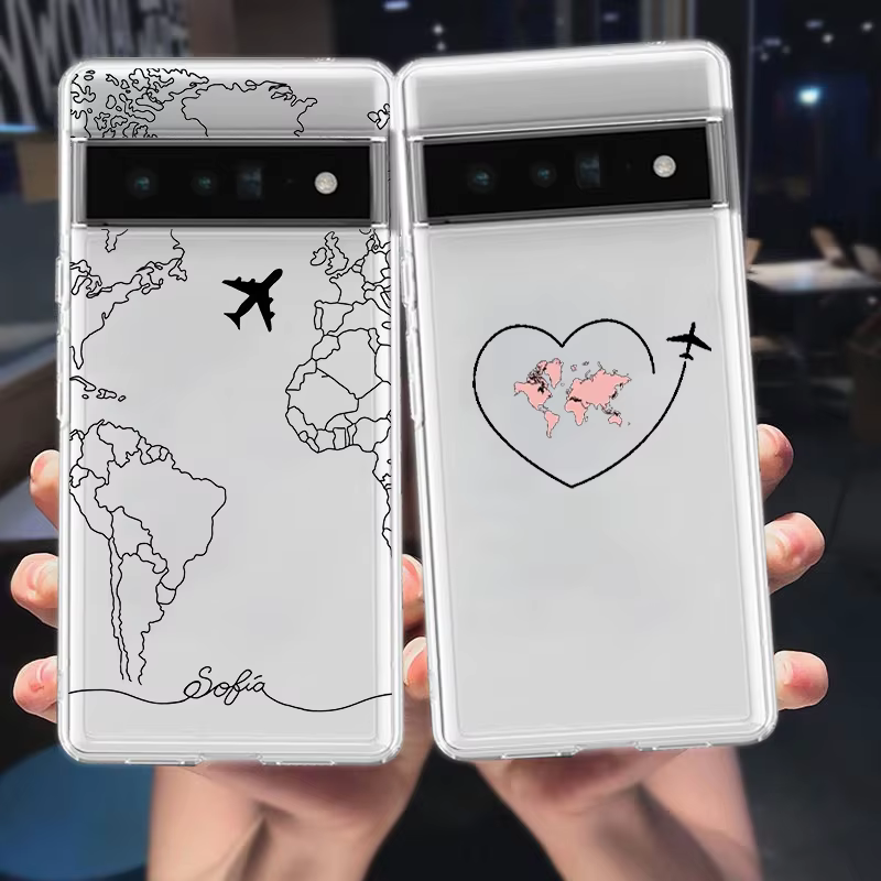 Coque de téléphone en TPU transparent, carte du monde de dessin animé, direction de paysage, pour Google Pixel 9 Pro XL 8 7 6 Pro 8A 7A 6A 5 4 5A 4A 3A XL 5G