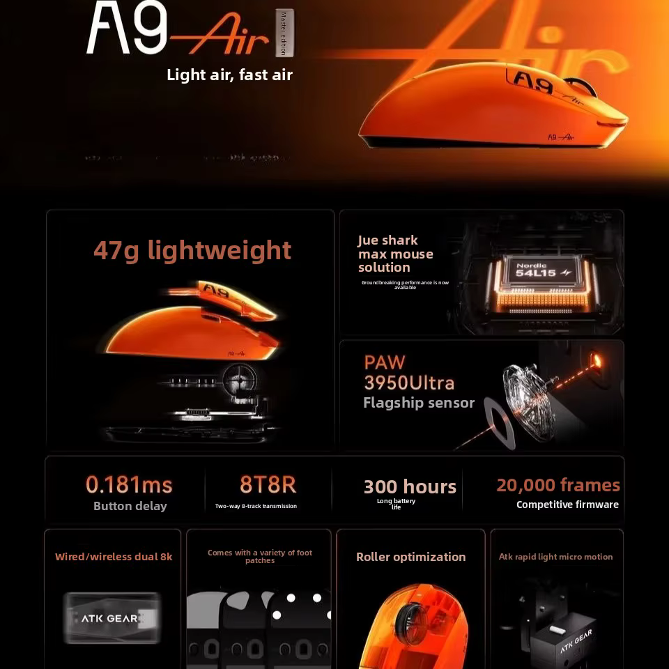 Nouveau ATK A9 Air Ultimate souris de jeu sans fil Bluetooth léger PAW3950 Ultra double 8K Esports