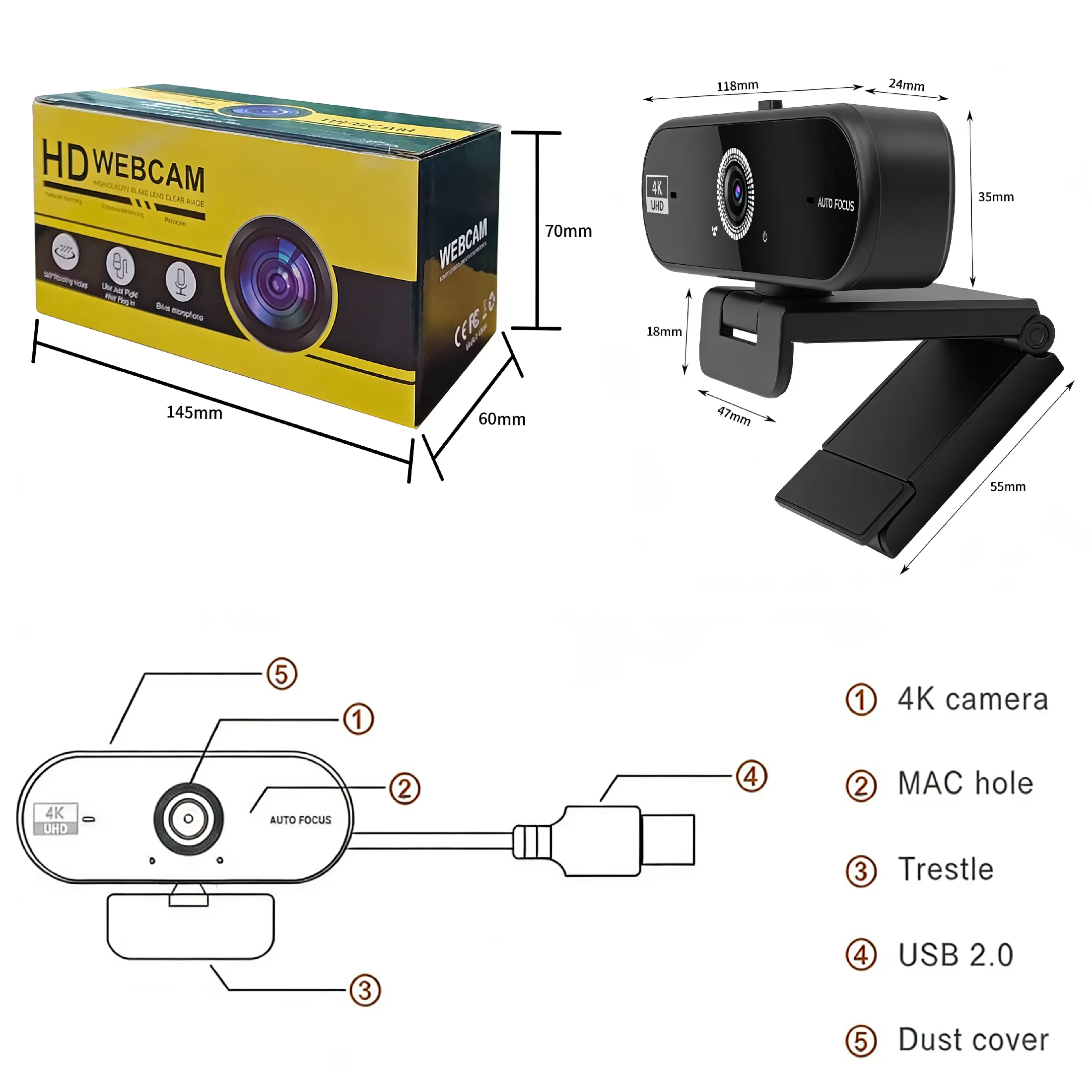 Webcam 4K pour PC, 30fps