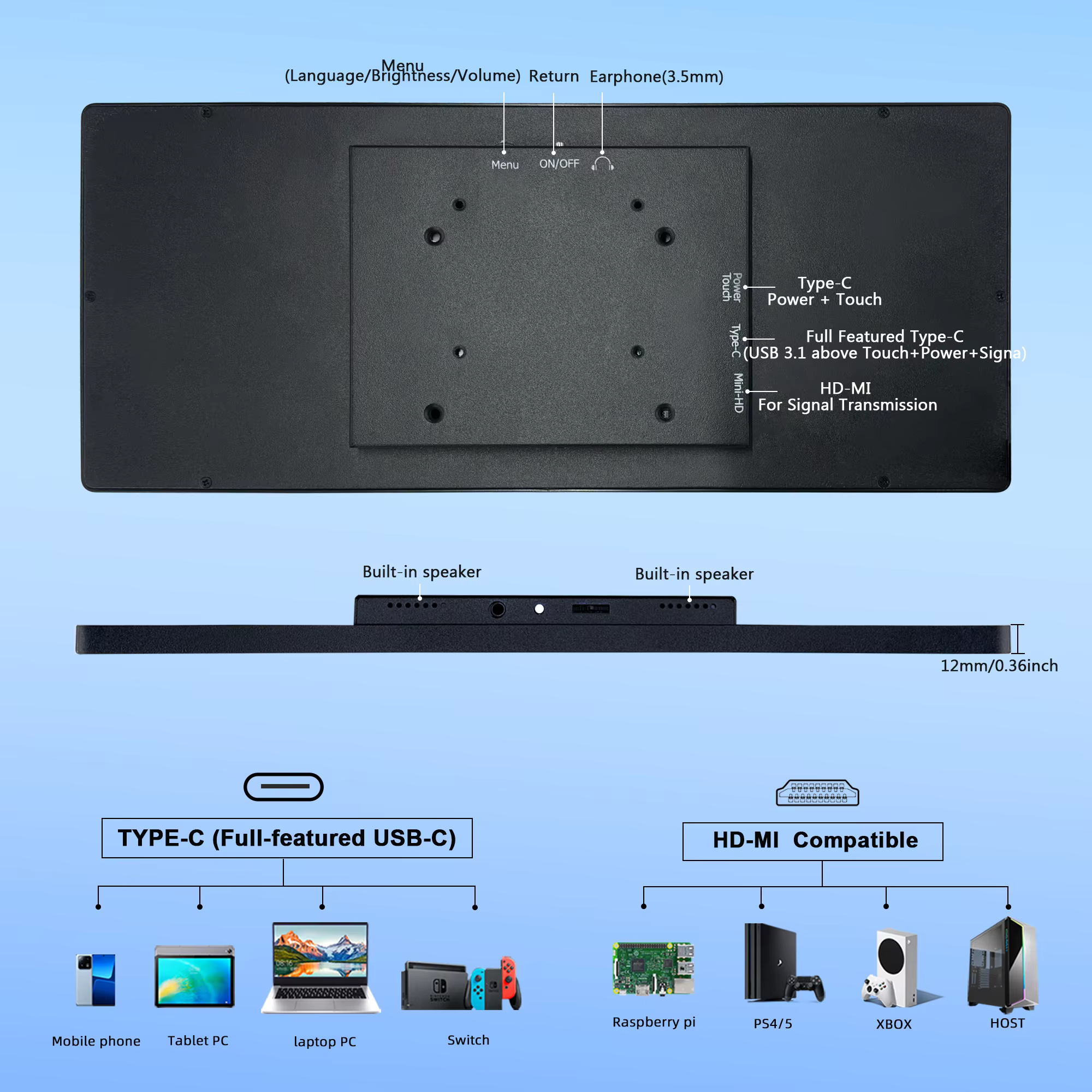 Moniteur Portable à écran tactile de 12.3 pouces