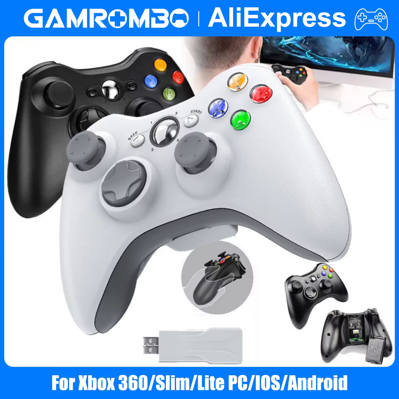 Contrôleur de jeu GAMROMBO pour Xbox 360/mince/console PC manette de jeu sans fil/filaire avec poignée ergonomique