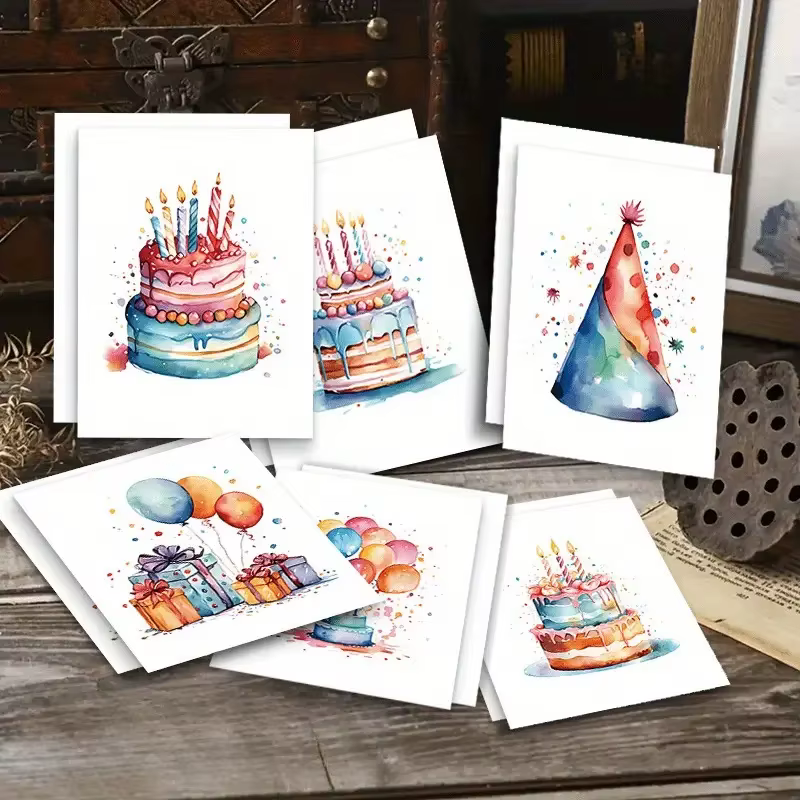 Carte de vœux d'anniversaire à l'aquarelle avec gâteau, écriture manuscrite, vœux d'anniversaire, cartes vierges, cartes de remerciement, lettres d'invitation, cadeaux de fêtes