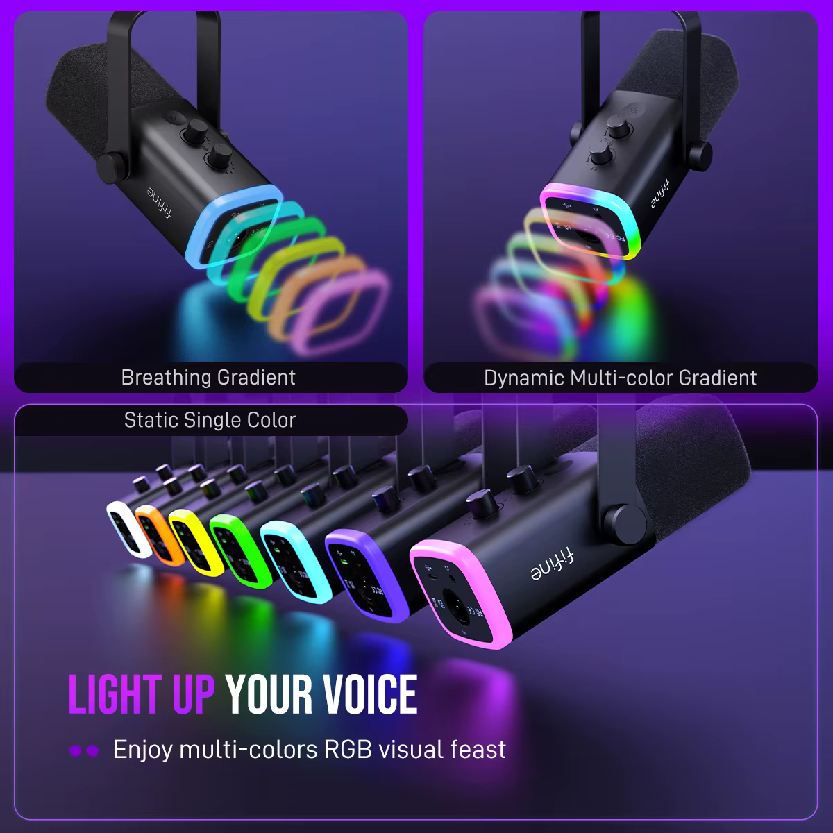 FIFINE Microphone dynamique USB/XLR avec contrôle RGB/prise casque/muet