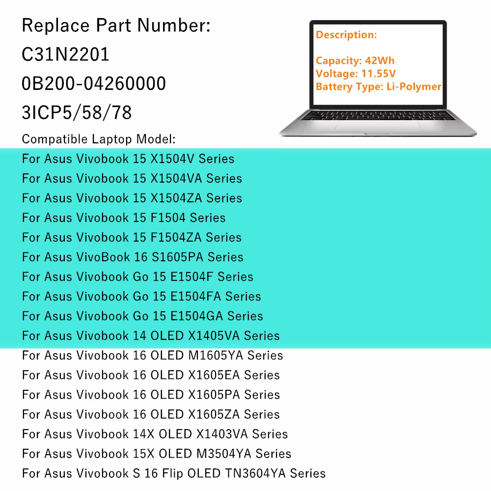 Batterie d'ordinateur portable pour ASUS Vivobook 15 X1504V X1504VA F1504 F1504ZA 16 S1605PA Go 15 E1504F E1504FA OLED X1405VA Série C31N2201