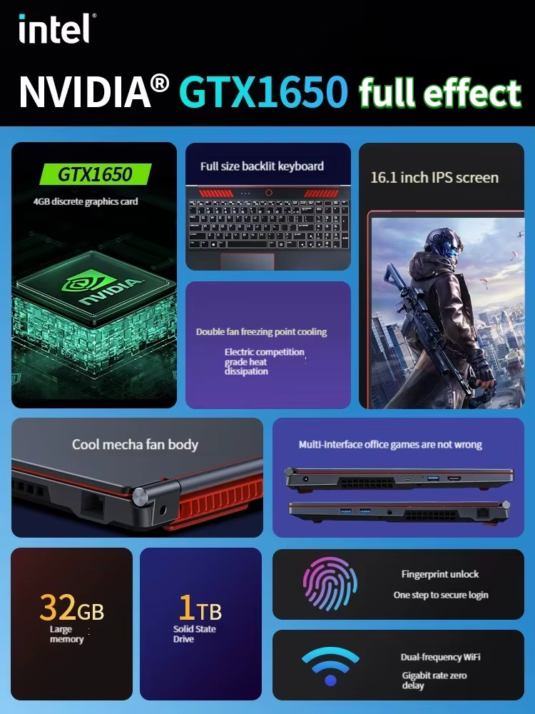 Nouvel ordinateur portable de jeu 2026 Intel Core i9-10885H i7 8750H GTX1650 4G Écran IPS 16