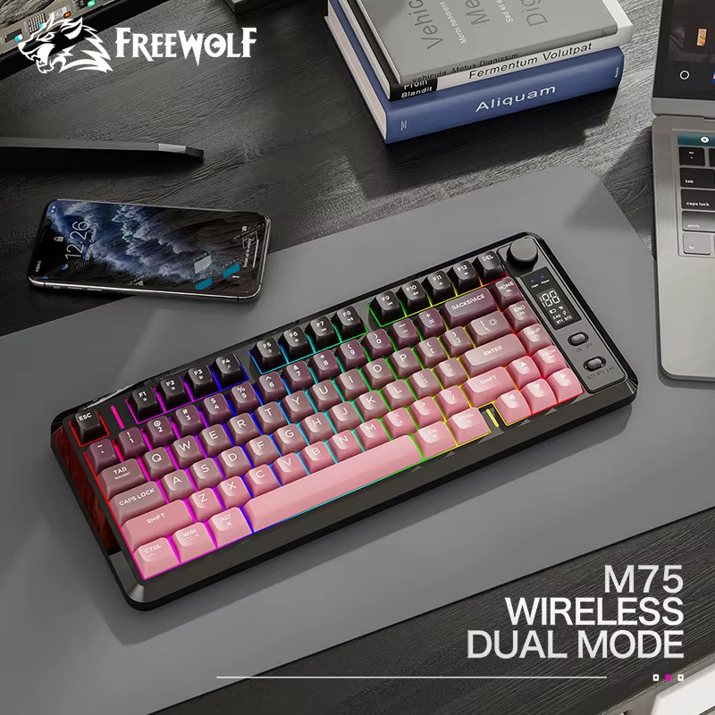 GRATUIT WOLF M75 Clavier de jeu sans fil compact à 82 touches - Double mode (Bluetooth/2.4G) Écran OLED rétroéclairé RVB Grande batterie
