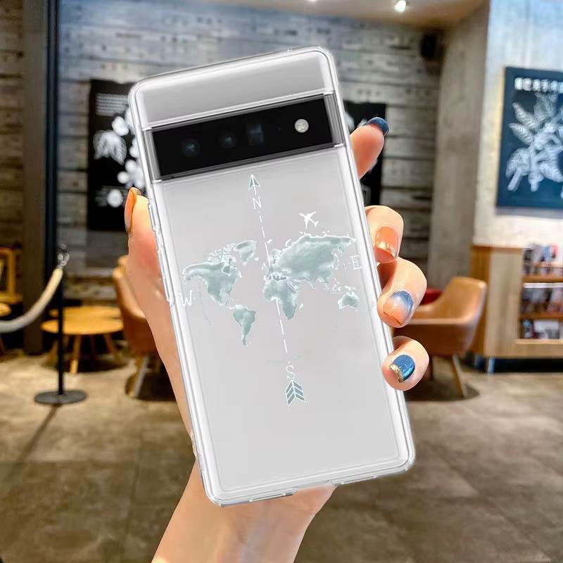 Coque de téléphone en TPU transparent, carte du monde de dessin animé, direction de paysage, pour Google Pixel 9 Pro XL 8 7 6 Pro 8A 7A 6A 5 4 5A 4A 3A XL 5G