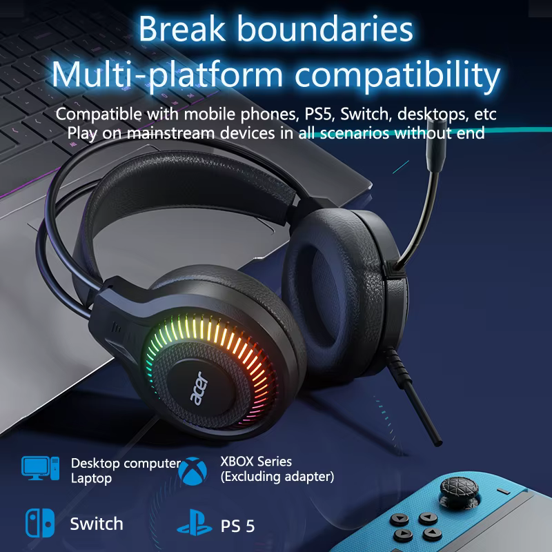 Acer casque de jeu avec micro 7.1 stéréo virtuel Surround lumière LED basse écouteurs casques Gamer pour ordinateur PC