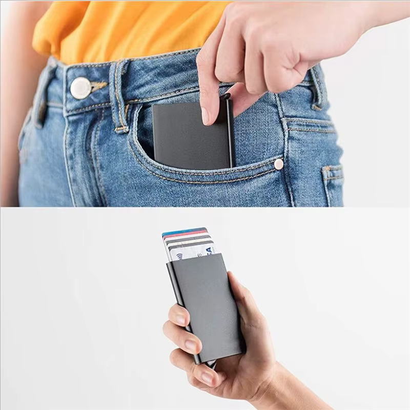 Rfid portefeuille intelligent porte-carte en métal mince mince hommes femmes portefeuilles Pop Up minimaliste étui pour carte d'identité petit sac à main noir portefeuilles pour hommes