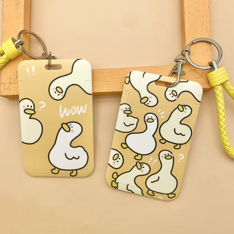 Couverture de carte de petit canard jaune de dessin animé, porte-Badge de carte d'accès de carte de Bus, longue corde, sangle de cou, lanière, Badge, manchon de protection