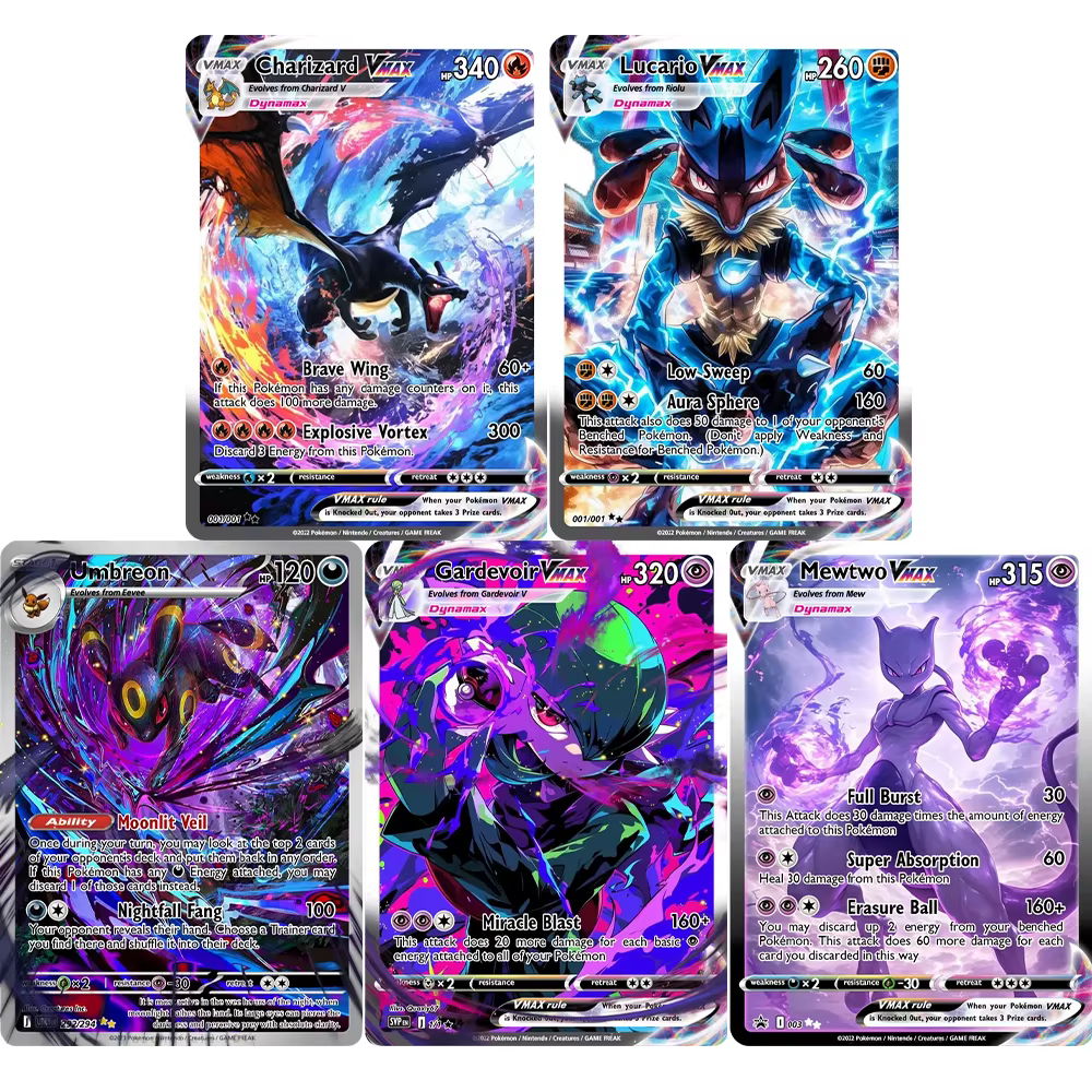 Ensemble de cartes PKM Vmax Charizard/Lucario/Mewtwo, cartes Pokémon personnalisées de haute qualité, cartes de jeu d'anime à collectionner avec effet holographique