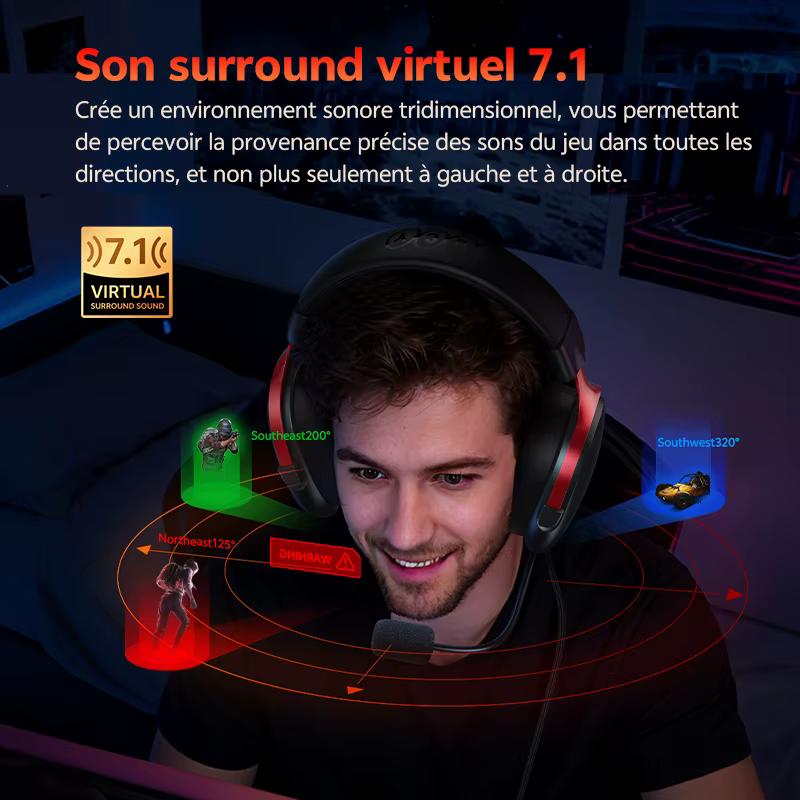QCY VN200 Pro casque de jeu filaire avec micro 40mm pilote 7.1 Surround sur l'oreille
