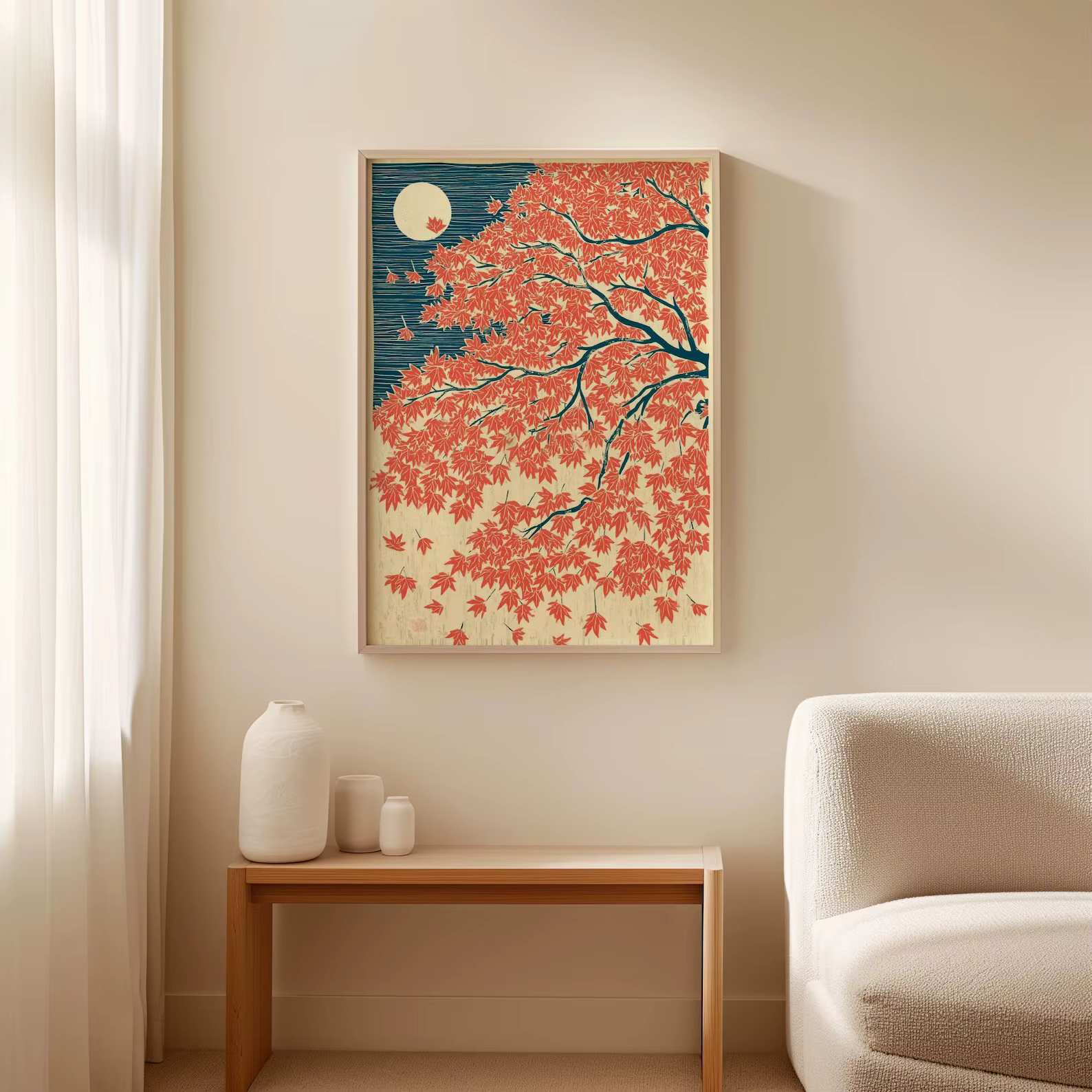 Affiche d'automne en érable japonais, art mural rouge et bleu, illustration de paysage au clair de lune, impression élégante, décoration naturelle pour la maison, art vintage japonais