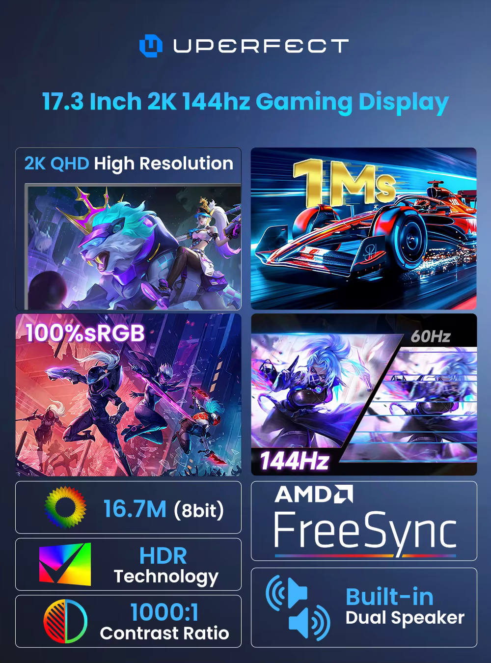 UPERFECT 17.3 "144Hz moniteur de jeu Portable 2560*1440 2K 16:9 HDMI USB C 100% sRGB Freesync écran pour ordinateur de