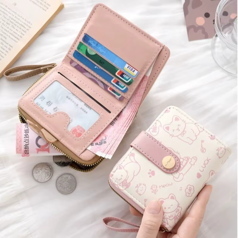 Porte-monnaie en cuir PU pour filles, 1 pièce, chat mignon, dessin animé, court, grande capacité, léger, porte-carte d'identité, Mini portefeuille à la mode