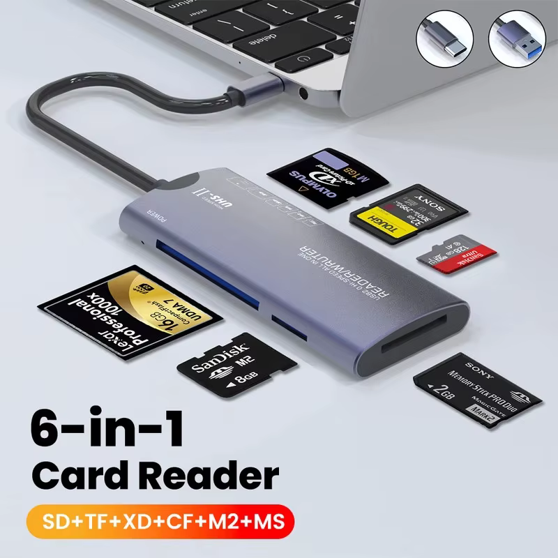 6EN 1 Lecteur de Carte Multifonctionnel Adaptateur de Transfert de Données USB Haute Vitesse Type C Lecture de Mémoire SD/TF/XD/CF/M2 Pour Appareils Photo Ordinateur
