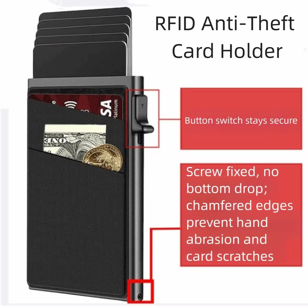 Porte-cartes automatique anti-vol RFID avec renfort par vis, boîte en métal, boîte à cartes pour homme, matériau en alliage d'aluminium, blocage RFID