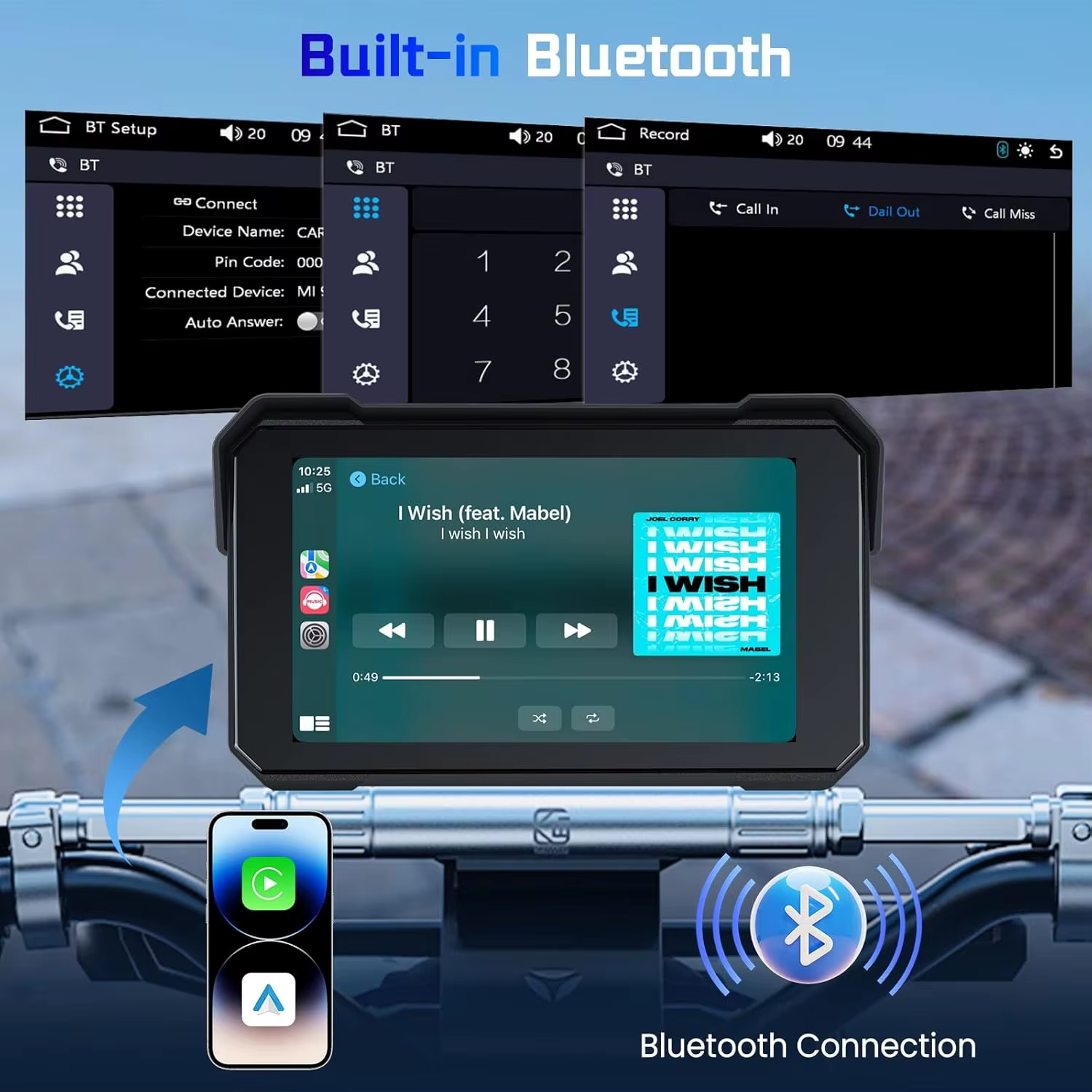 Navigation GPS portable pour moto, 5 pouces, Bluetooth sans fil, Carplay, Android Auto, moniteur de tableau de bord pour moto, écran étanche IPX7