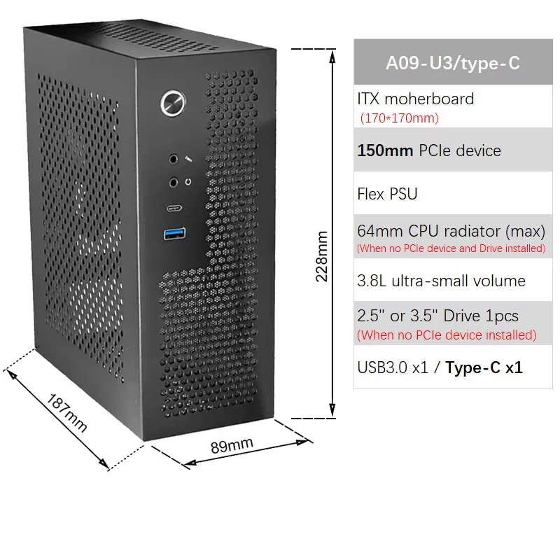 A09 3.8L ITX châssis A4 HTPC ordinateur Portable PC Support PCIe 2.5'SSD lecteur Mini IPC Flex PSU boîtier