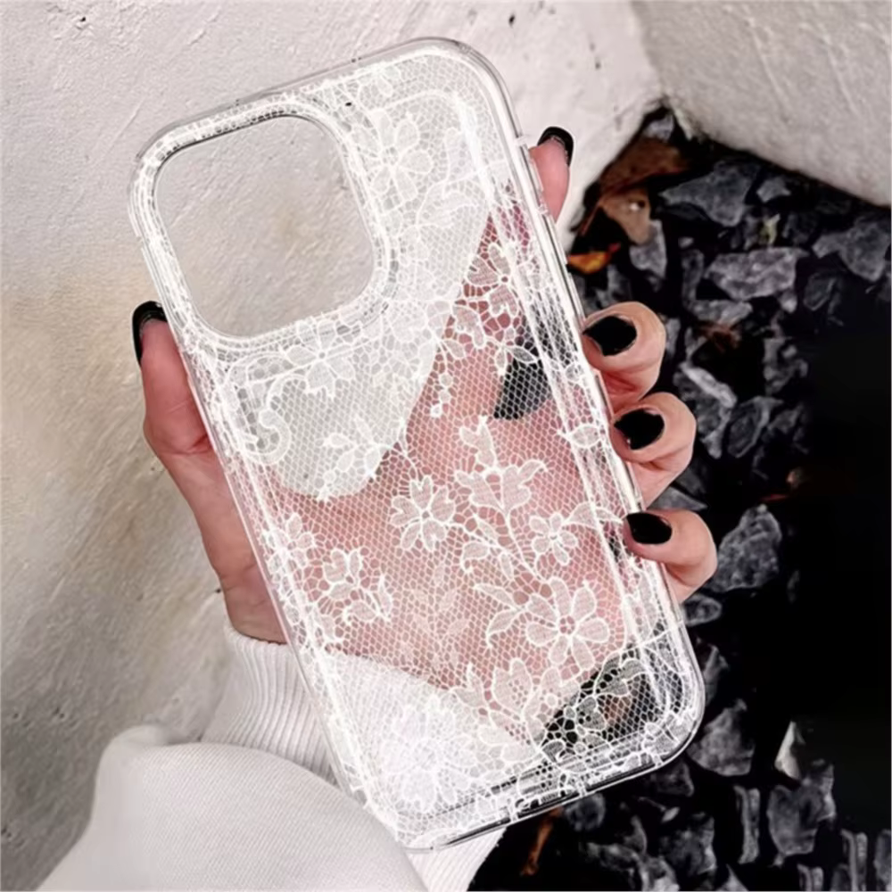 Élégante Coque de Téléphone Blanche à Motif Dentelle Romantique pour iPhone 17 Pro Air 16 15 14 13 12 11 Pro Max 7 8 Plus SE2 16E Housse Souple Transparente