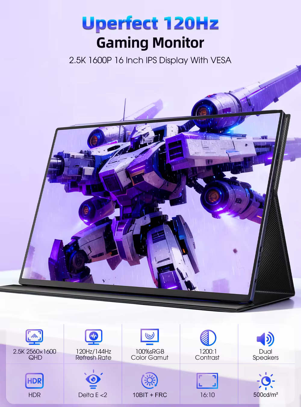 UPERFECT 16 "2K moniteur Portable 2560*1600 16:10 100% sRGB 500Cd/m2 120Hz affichage de jeu pour Xbox PS5 Switch