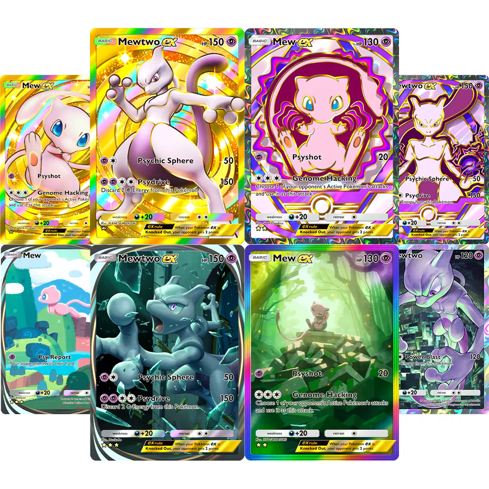 Cartes de jeu de collection anime holographiques de qualité supérieure, série PKM Mew/Mewtwo, avec texture métallisée.