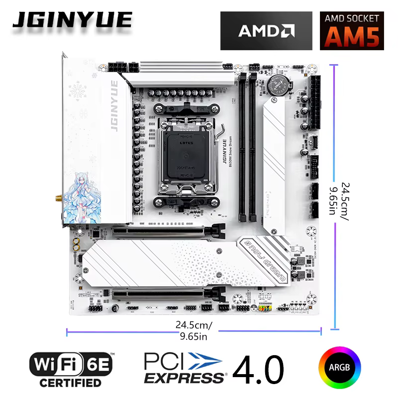 JGINYUE B650M neige rêve WiFi carte mère M-ATX pour Ryzen7000/8000/9000 série MAX 9800X3D/9950X3D DDR5 RAM PCIe4.0x16*2 M.2*3