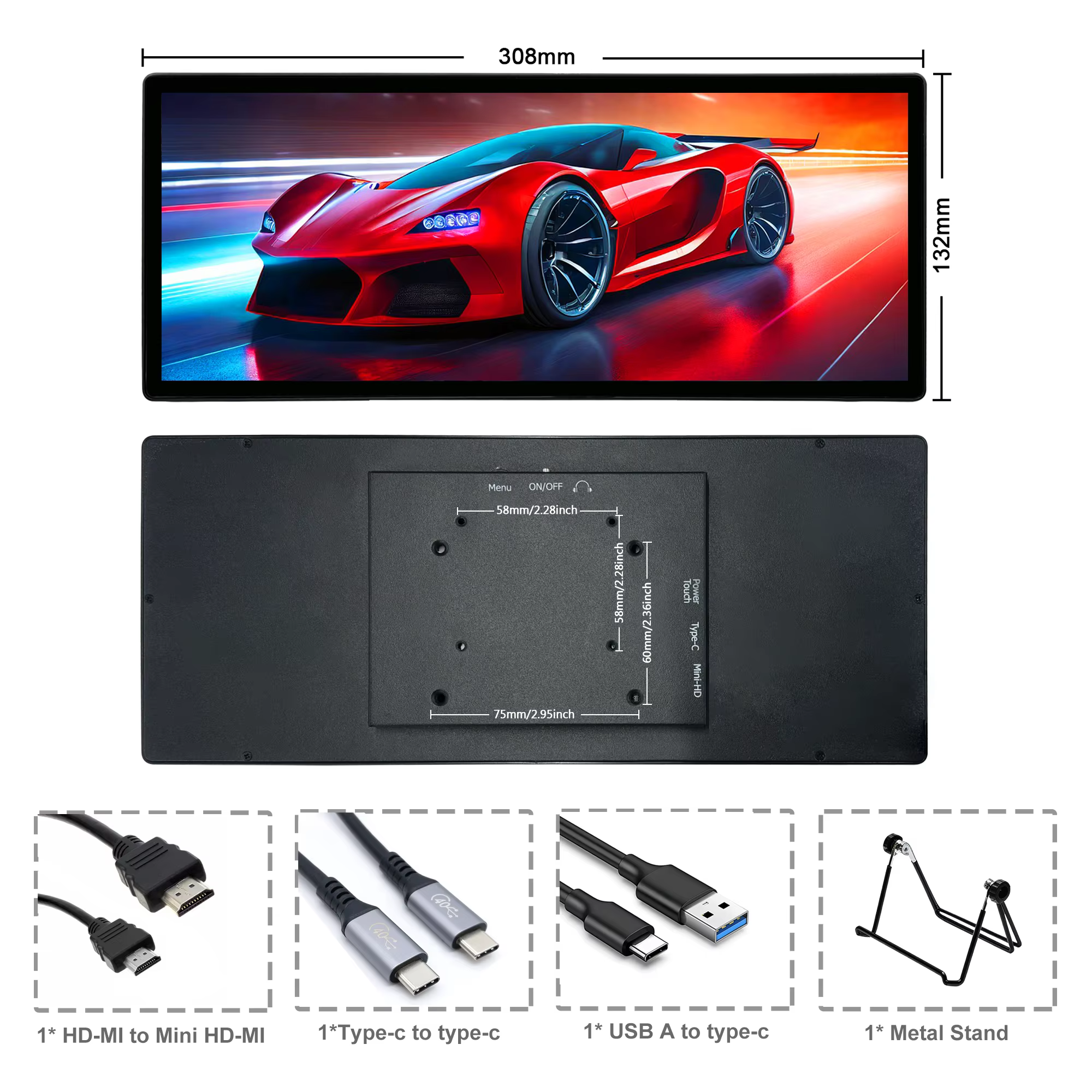 Wisecoco12.3/14.5 ''2560x720 barre étirée écran Pc moniteur HDMI tactile Portable
