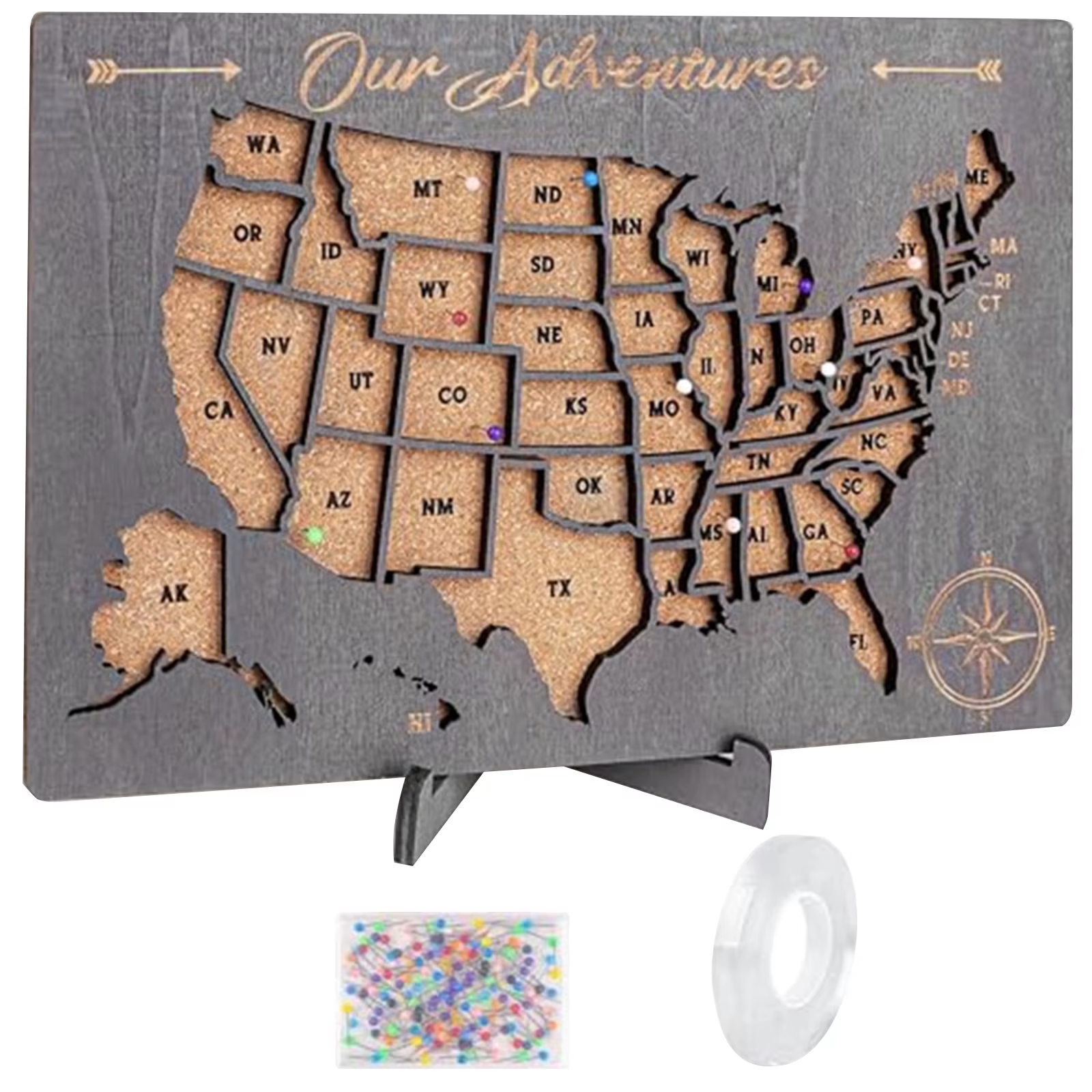 Puzzle de voyage en bois des États-Unis 12 x 10 pouces avec autocollants et épingles, cartes de suivi des voyages des États-Unis, léger et détachable