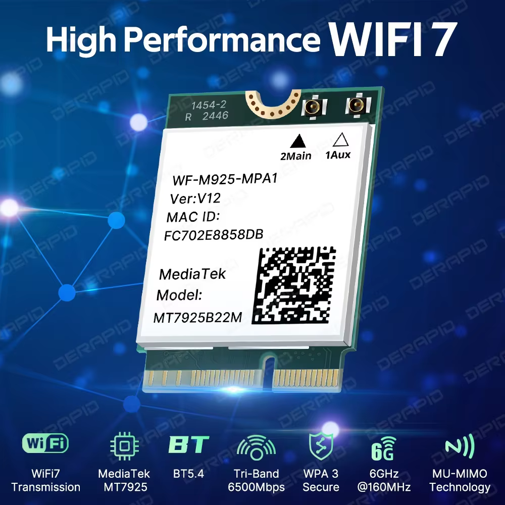 Carte LAN WiFi 7 M2 MT7925 Bluetooth 5.4 Tri-bande 2.4G 5G 6GHz 5400Mbps Adaptateur sans fil M.2 NGFF pour Win10/11