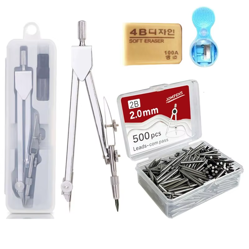 Ensemble de boussole en métal, boussole de dessin avec recharge de remplacement pour étudiants, outils de dessin d'examen, papeterie Compasso Geometry Compas