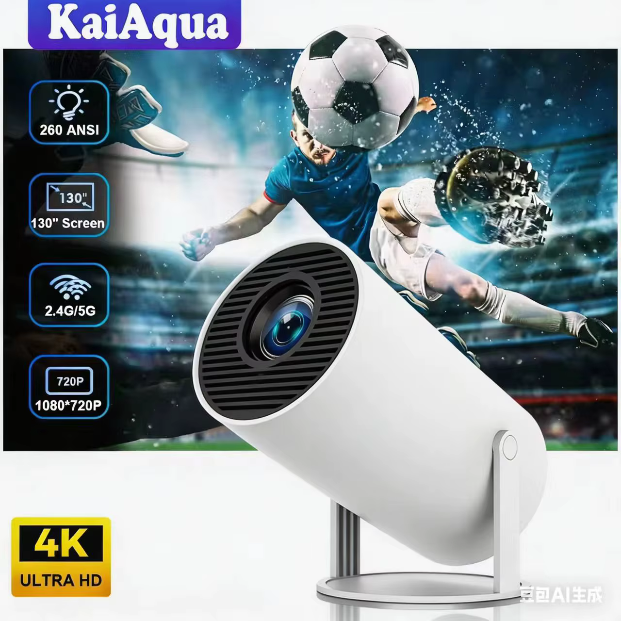 Projecteur Cylindrique Portable 1080P HD Compatible WiFi & Bluetooth 5