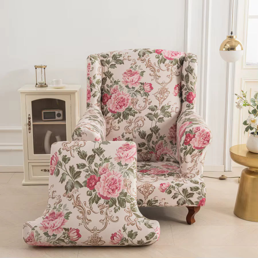 Housse de fauteuil à oreilles extensible en Spandex élastique, motif floral nordique, avec housse de coussin, protection de meubles