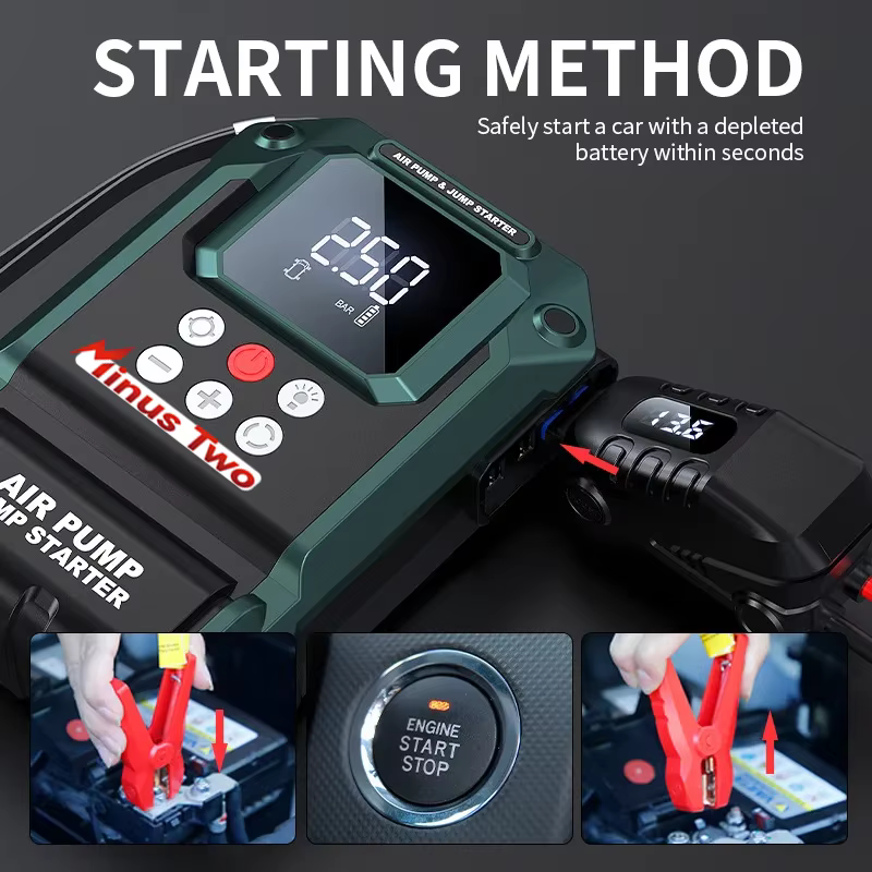 Station d'alimentation portable 2000A : Démarreur de voiture avec pompe à air 180 PSI, double chargeur USB et kit de secours.