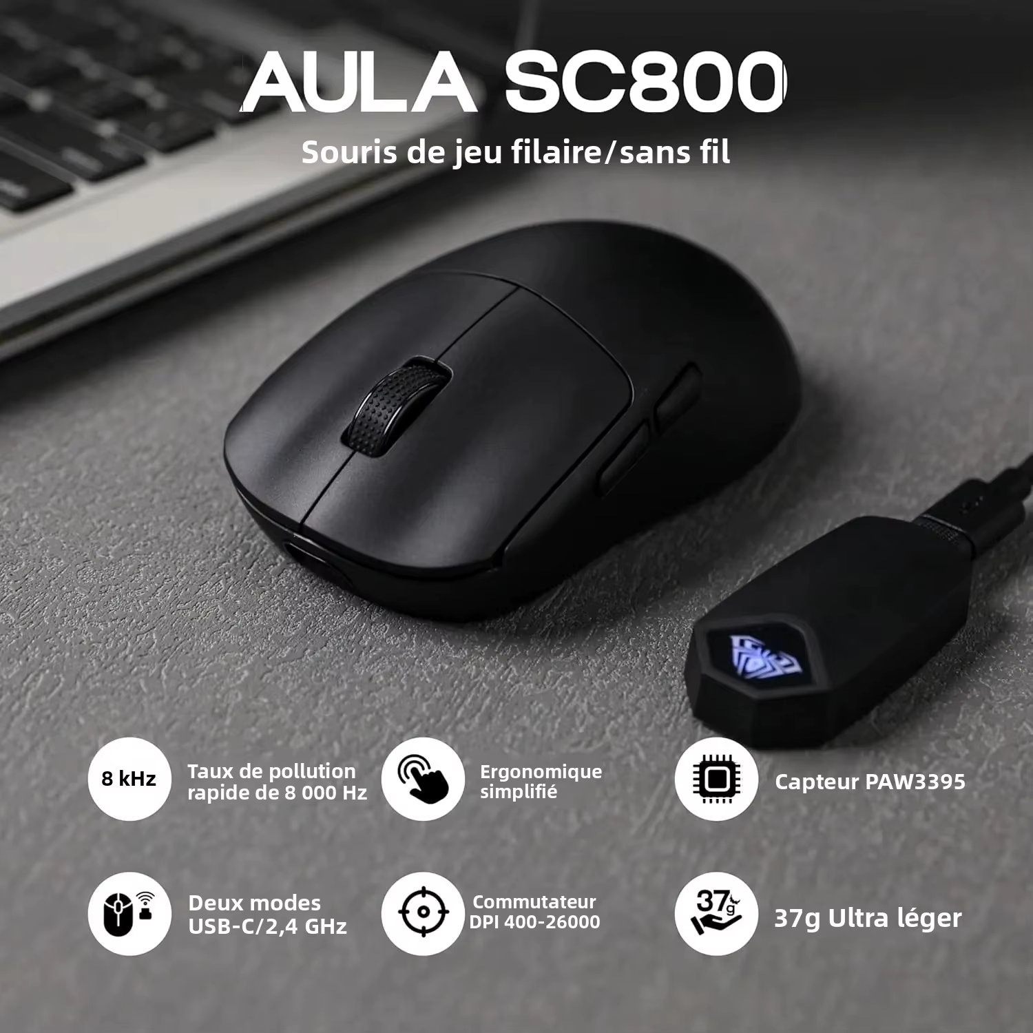 AULA SC800 souris de jeu USB-C filaire/2.4G 37g léger 8K Paw3395 capteur