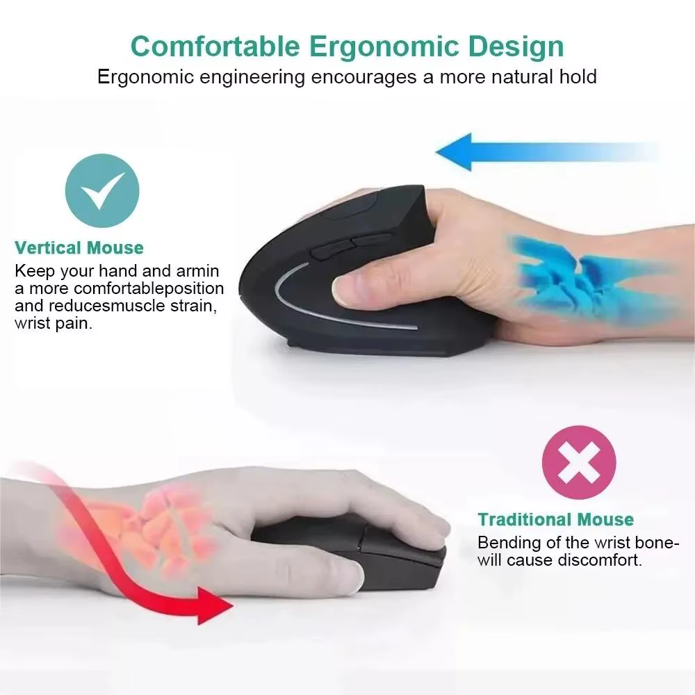 Souris verticale sans fil Bluetooth 800 1200 1600 DPI 6 boutons poignée latérale personnalisée ergonomique 2.4G muet