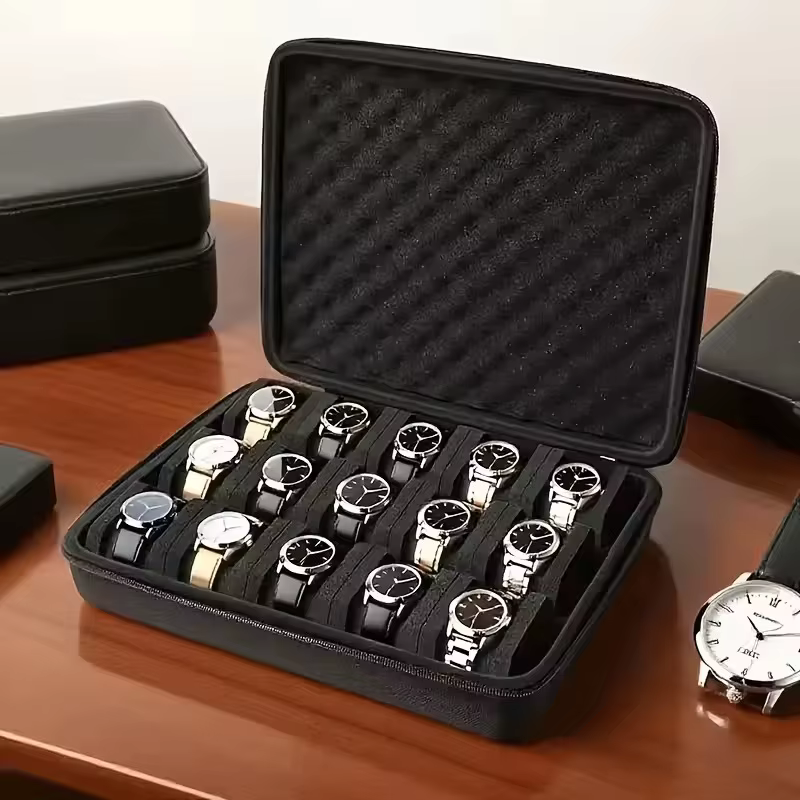 Boîte de rangement de montres de qualité supérieure, boîte de rangement de montres à 15 emplacements pour cartes, boîte de rangement de bijoux portable, vitrine, adaptée à la maison