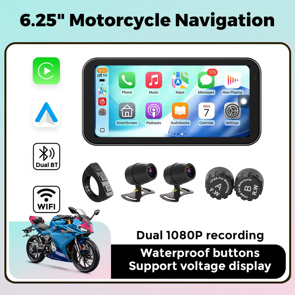 Enregistreur de conduite DVR automatique étanche pour moto, prise en charge de la navigation GPS, Carplay sans fil, Android, TPMS, IP67, portable, 6.25 pouces